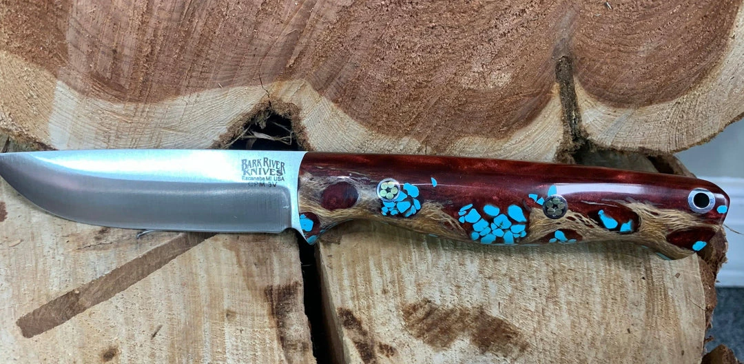 BARK RIVER KNIVES Bark River Gunny CPM 3V Knife - Red Cholla Cactus With Turquoise - Gray Liners - Rampless 3 BARK RIVER KNIVES Bark River Gunny CPM 3V Knife - Red Cholla Cactus With Turquoise - Gray Liners - Rampless