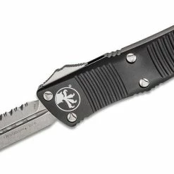 All Knife Brands Microtech 138-12 Troodon D/E F/S - Black Handle - Full Serrations - Stonewash Blade