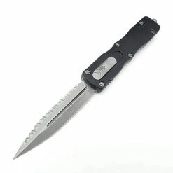 All Knife Brands Microtech 227-12 Dirac Delta D/E - Black Handle - Stonewashed Full Serration