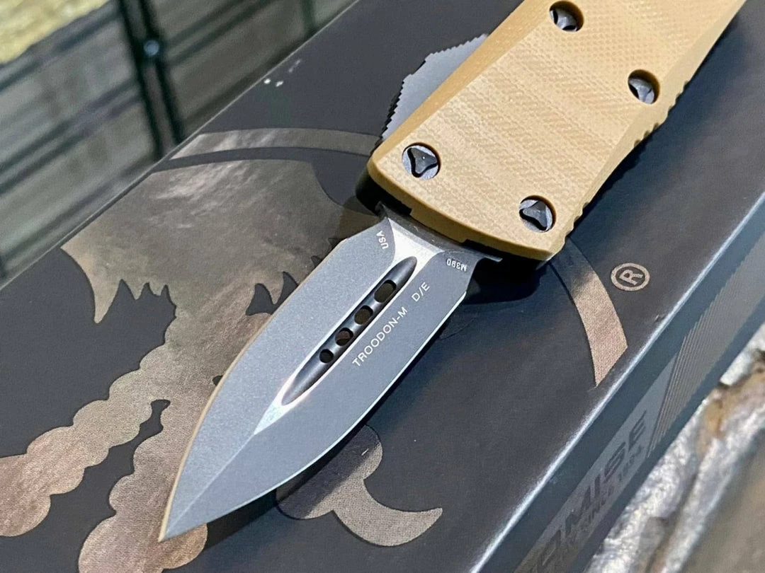 All Knife Brands Microtech 238-1GTTAS Troodon Mini 1.99" D/E SS Tan G10 OTF Auto Knife 4 All Knife Brands Microtech 238-1GTTAS Troodon Mini 1.99" D/E SS Tan G10 OTF Auto Knife